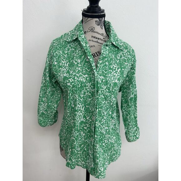 Rebecca Malone Cotton Green/White Floral Button Down Preppy Country Style Sz LG - Picture 1 of 4